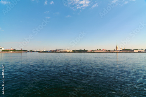 View from the Palace Embankment to the Peter and Paul Fortress and the Spit of Vasilyevsky Island in St. Petersburg.