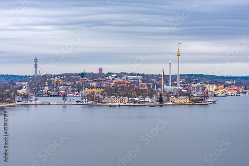 View of a beautiful Stockholm with colorful buildings and wide streets and a river in Sweden photo
