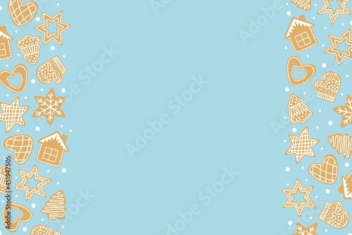 A frame of gingerbread cakes of different shapes on a blue background.