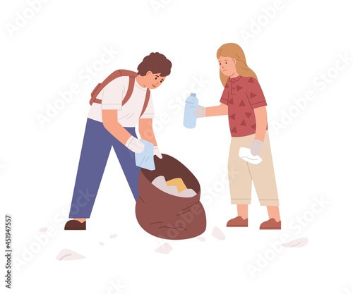 Children picking up litter and collecting it to trash bag. Kids cleaning environment from garbage. Junior eco volunteers working together. Flat vector illustration isolated on white background