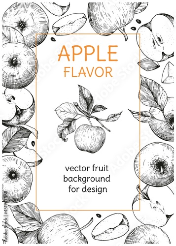 Vector hand-drawn frame with apples. A sketch illustration place for the text. Monochrome composition on a white background. Vintage style engraving