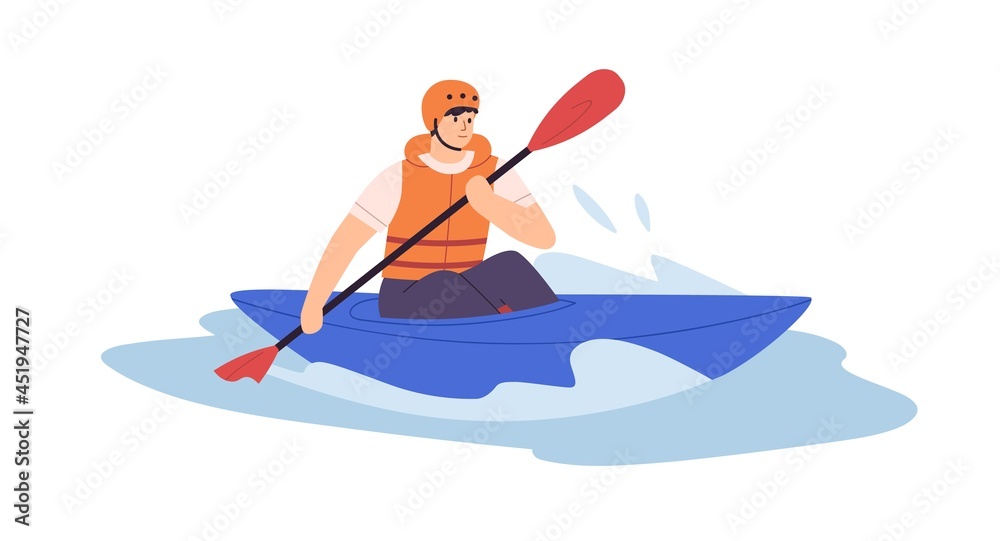 Man in solo canoe rowing with paddle on water. Person in helmet and life vest riding boat with oar on river. Extreme leisure activity. Flat vector illustration isolated on white background