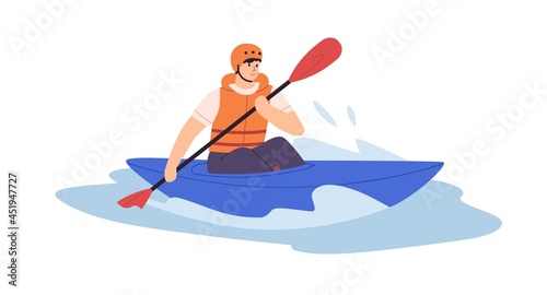 Man in solo canoe rowing with paddle on water. Person in helmet and life vest riding boat with oar on river. Extreme leisure activity. Flat vector illustration isolated on white background