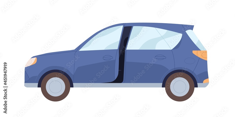 Side view of blue car with open door. New modern auto. Hatchback automobile. Road vehicle. Flat cartoon vector illustration of motor transport isolated on white background
