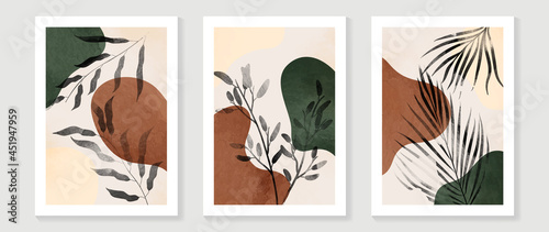 Mid century modern triptych wall art vector. Abstract art background with floral leaves and flower line drawing  and watercolor organic shapes hand paint design for wall decor, poster and wallpaper. photo