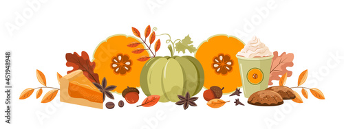 Autumn illustration with pumpkin and coffee. The lower horizontal border. 