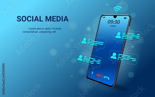 Chatting and communication on Social media apps with smartphone technology connect database digital cyber process. Social distancing. Social network concept. vector illustration