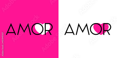 Día de San Valentín. Logotipo con texto Amor en español sobre corazón con lineas en color negro y fondo rosa y fondo blanco