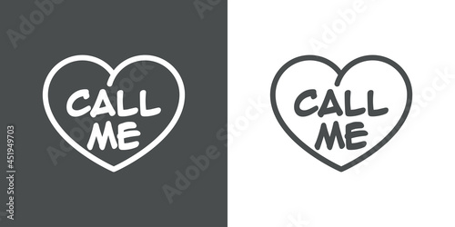 Día de San Valentín. Logotipo con texto Call Me escrito en silueta de corazón con lineas en fondo gris y fondo blanco