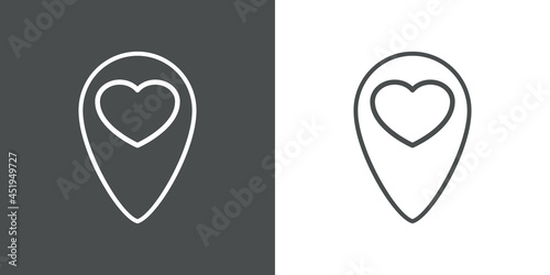 Logotipo silueta de corazón con puntero de mapa con lineas en fondo gris y fondo blanco