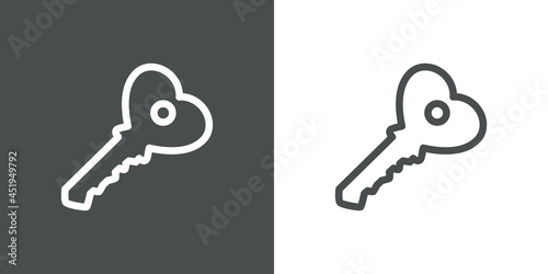 Día de San Valentín. Logotipo con silueta de corazón con forma de llave con lineas en fondo gris y fondo blanco