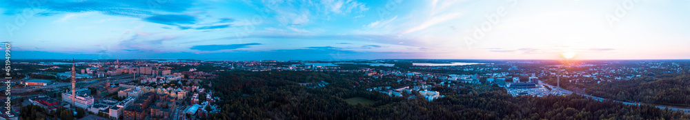 Panoramic view of the city of Helsinki from above at sunset