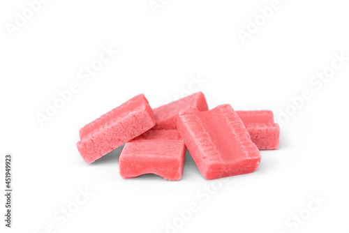 Pink bubble gum with strawberry isolated on white background.