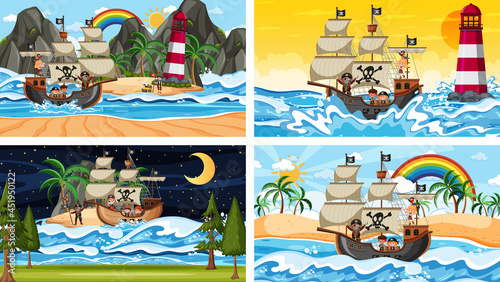 Set of different beach scenes with pirate ship