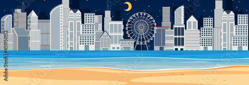 Beach horizontal scene at night with city background
