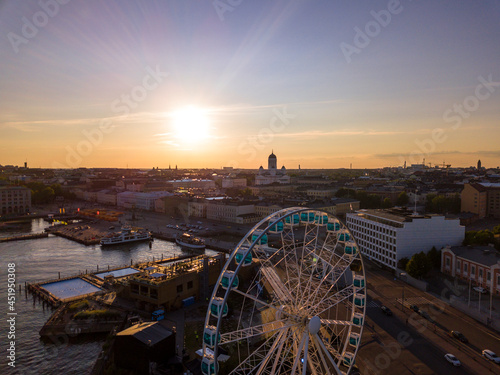 Panoramic view of the city of Helsinki from above at sunset