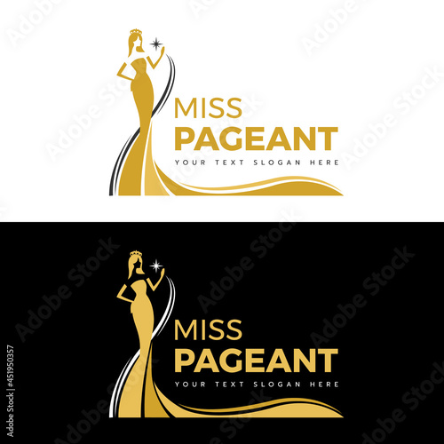 miss pageant logo - yellow gold and Black The beauty queen pageant in long evening gown wearing a crown and hand hold star vector design photo