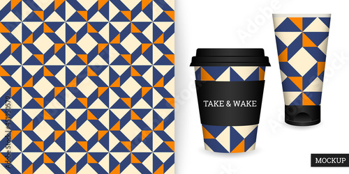 Geometric seamless pattern. Abstract background with colorful geometric shapes. Ornament with triangles. Repeating texture. Vector illustration. Design paper, wallpaper, fabric. Mockup.