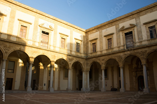 Mazara del Vallo, Sicily, Italy, January 19, 2020 evocative image of the main courtyard of the baroque palace of the Jesuit College