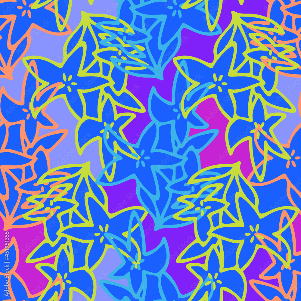 Fototapeta premium Vector seamless pattern colorful design of abstract lined flowers in bright blue tones
