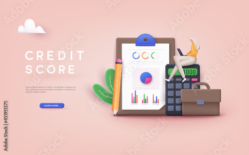 Credit score concept. Personal credit score information for presentation, web page. 3D Web Vector Illustrations.