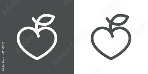 Símbolo de comida sana. Logotipo silueta de manzana con forma de corazón con lineas en fondo gris y fondo blanco