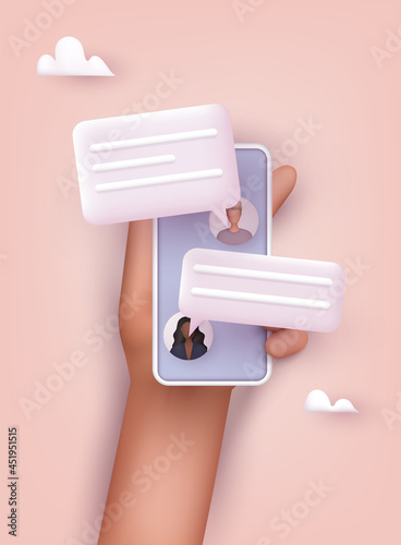 Hands holding phone with chat. Sms on mobile phone screen. Messaging using chat app or social network. 3D Web Vector Illustrations.