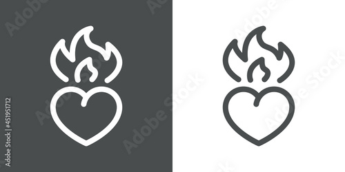 Día de San Valentín. Logotipo con silueta de corazón con llama con lineas en fondo gris y fondo blanco
