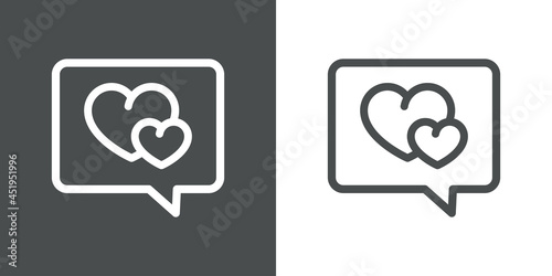 Día de San Valentín. Logotipo con silueta de 2 corazones en burbuja de habla con lineas en fondo gris y fondo blanco