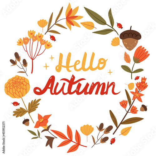 Lettering in a wreath of autumn flowers.Forest plants.Book illustration.Fall.