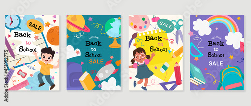 Back to school Sale vector banners. Background design with children and education accessories element. Kids hand drawn flat design for poster , wallpaper, website and cover template. 
