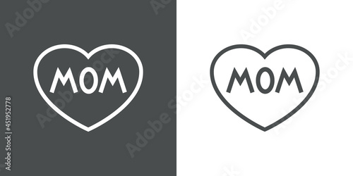 Día de la madre. Logotipo con texto hecho a mano Mom en silueta de corazón con lineas en fondo gris y fondo blanco