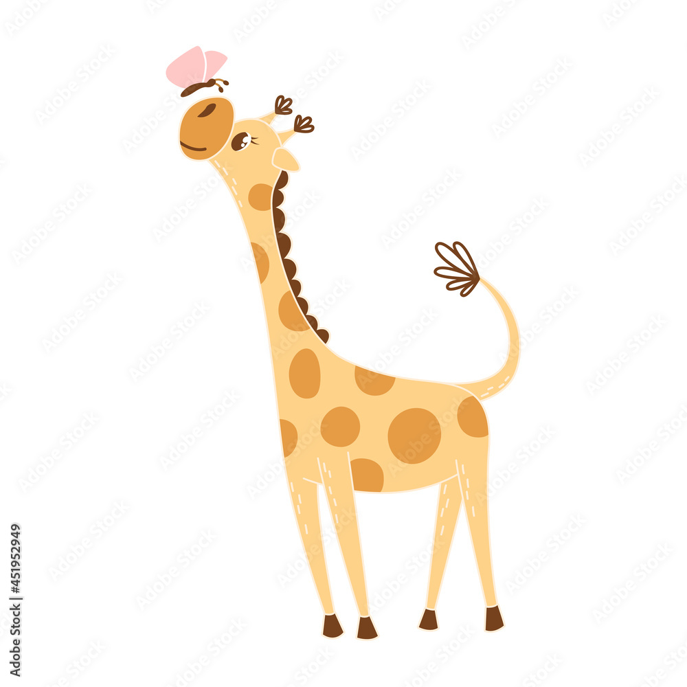 Fototapeta premium Cute cartoon baby giraffe playing with butterfly. Stylized pastel flat illustration for nursery decor. Poster design for children bedroom. Cool print for kids clothes, greeting card on baby shower.