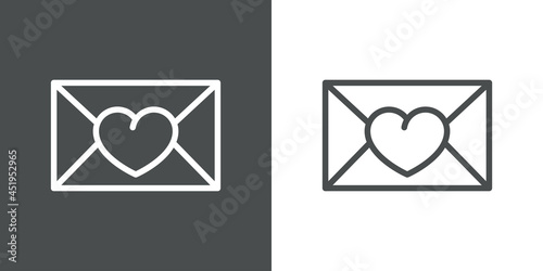 Felicitación por San Valentín. Logotipo con silueta de sobre de correo con corazón con lineas en fondo gris y fondo blanco