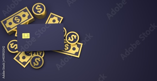 Credit and Bank Cards, Golden Coins , Bills on a midnight background, Business and financial concept, 3d rendering