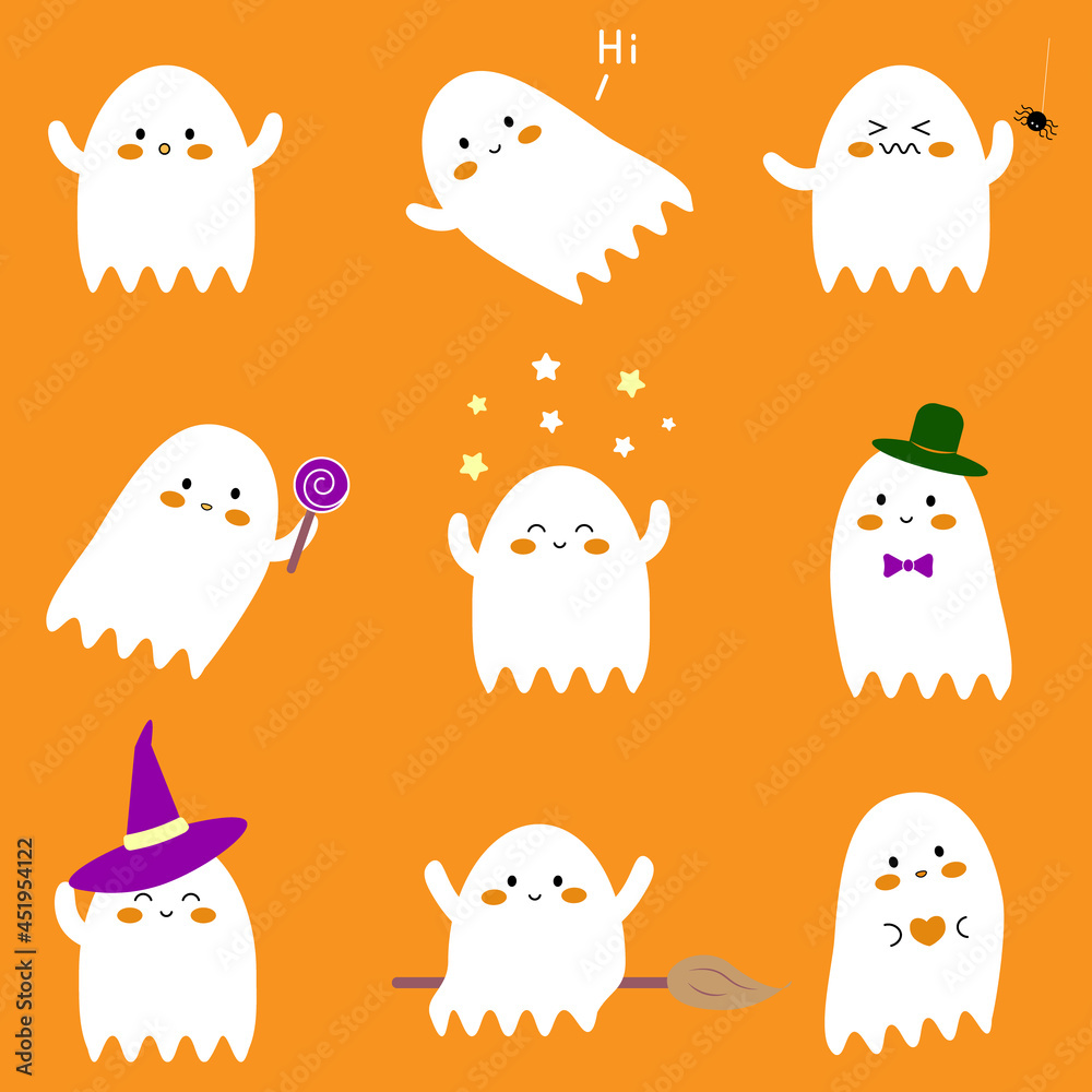 Halloween set of cute funny cartoon ghosts