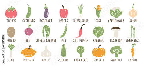 Set of caption vegetable icons isolated on white background. Bright and juicy hand drawn sticker pack. Big vector flat collection