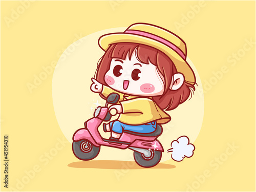 Cute and kawaii Girl With Straw Hat Riding Scooter for delivery manga chibi Illustration