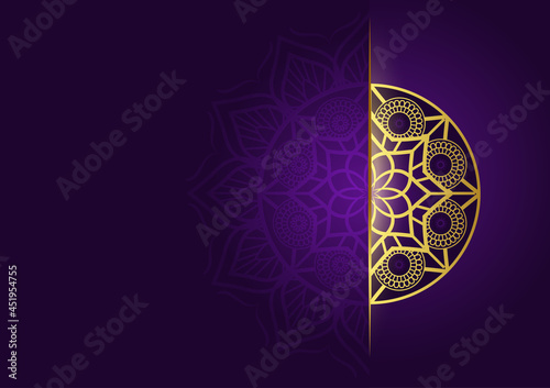 Art of traditional Indian geometric. Luxury mandala graphic background. Gold purple ornamental on shadow transparency. Decorative pattern east style. Vector illustration with copy space.