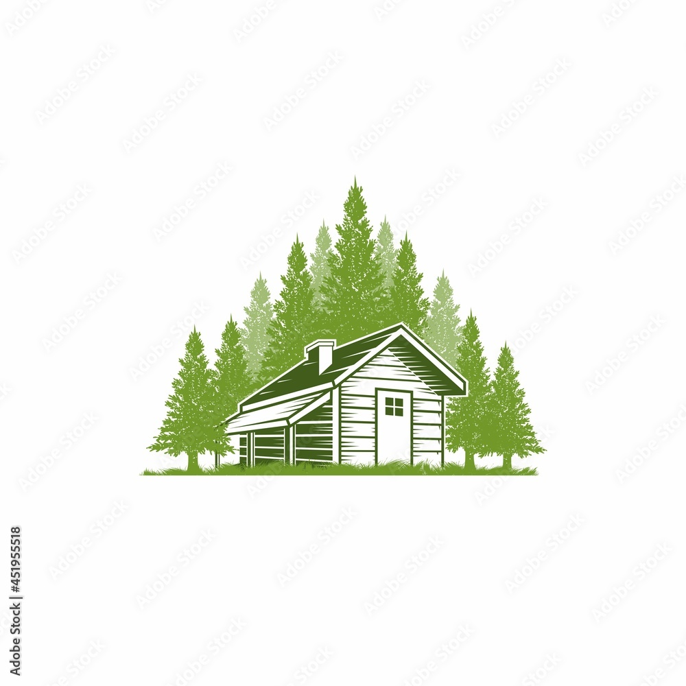 Home in pine forest logo design.