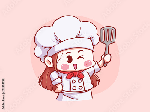 Cute and kawaii Female Chef Holding Spatula Manga Chibi Illustration