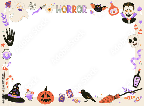 Halloween set with spooky characters, pumpkin and treats. Hand drawn illustrations and lettering in trendy doodle style. Vector elements for season decorations. 