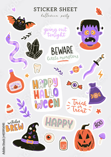 Collection of cute Halloween characters and symbols. Hand drawn design elements. Halloween stickers set. Vector illustrations and typography.