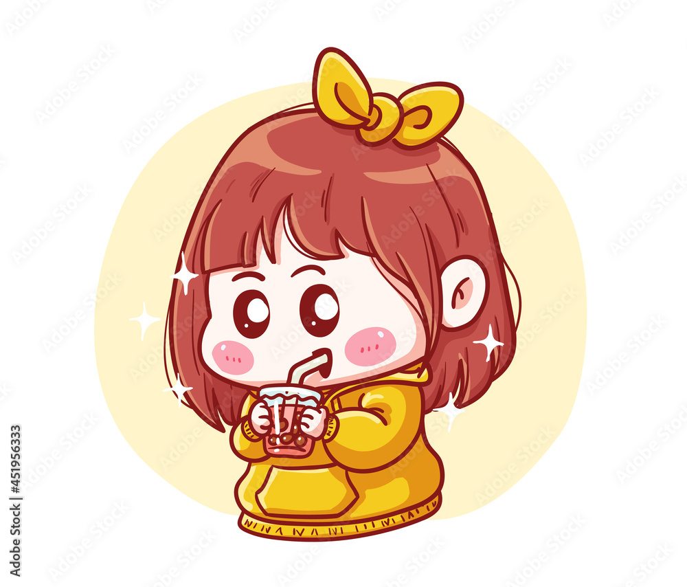 Cute and kawaii Girl in Yellow Hoodie Drink Boba Milk Tea Manga Chibi Illustration