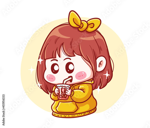 Cute and kawaii Girl in Yellow Hoodie Drink Boba Milk Tea Manga Chibi Illustration
