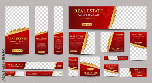 Real Estate web banner design template Set with red background. Vertical  Horizontal and Square banners with standard size and place for photos. Vector design EPS 10 