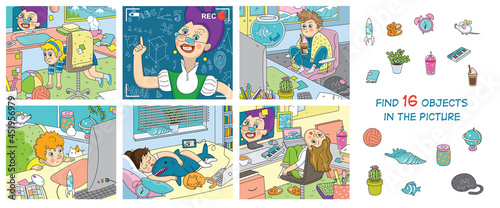 Distance learning. Online math lesson. Find the 16 hidden objects in the picture. Hidden objects puzzle. Funny cartoon characters. Vector illustration 
