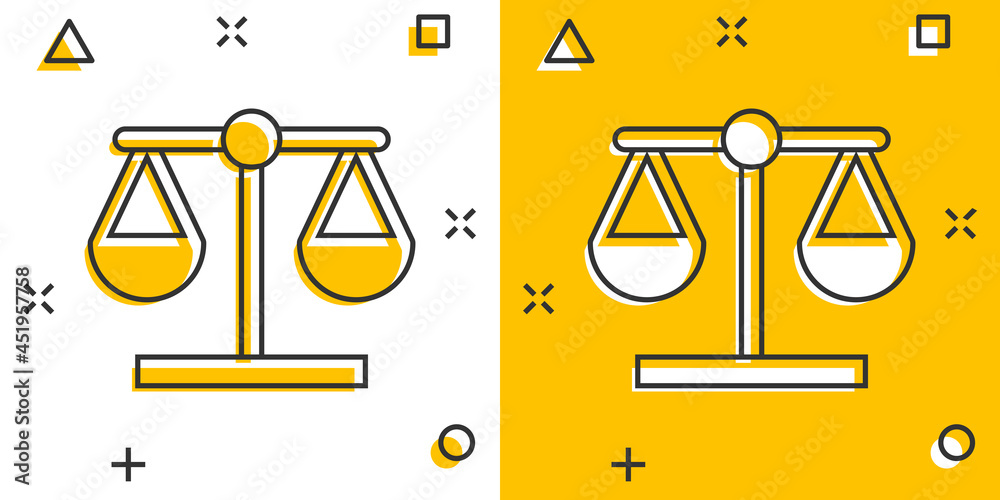 Scale comparison icon in comic style. Balance weight vector cartoon illustration pictogram. Scale compare business concept splash effect. Scale comparison icon in comic style. Balance weight vector cartoon illustration pictogram. Scale compare business concept splash effect.