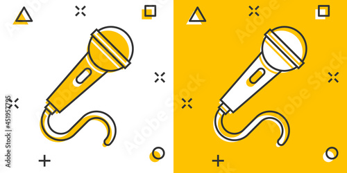 Microphone icon in comic style. Mic broadcast vector cartoon illustration pictogram. Microphone mike speech business concept splash effect.