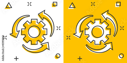 Workflow process icon in comic style. Gear cog wheel with arrows vector cartoon illustration pictogram. Workflow business concept splash effect.
